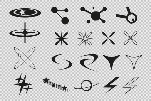 Y2K shapes collection with sparkles, stars, halos, and abstract futuristic elements. vector