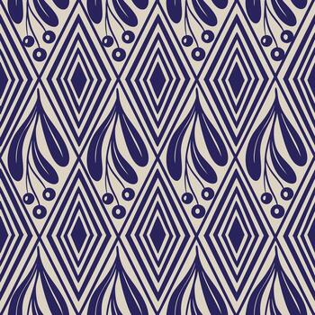 elegante geométrico sin costura modelo con resumen hoja y baya motivos en Armada azul en un ligero antecedentes. vector