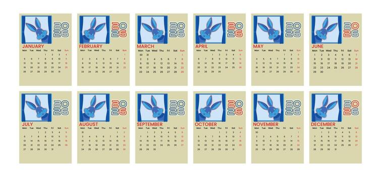 2026 minimalista anual calendario diseño conjunto con limpiar tipografía y planta Conejo vector