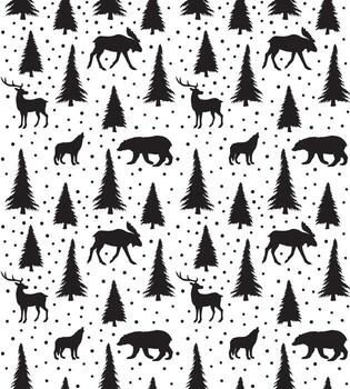 Seamless pattern of hand drawn doodle sketch forest animals and spruce trees isolated on white background vector