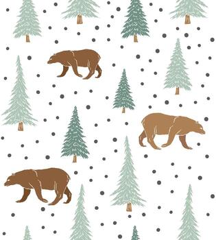 Seamless pattern of hand drawn doodle sketch bear and forest spruce tree isolated on white background vector