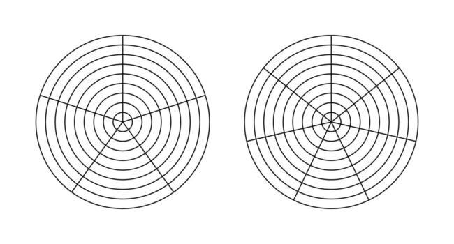 polar cuadrícula con segmentos, concéntrico círculos negro blanco de grafico papel con 7 7 segmentos y 8 concéntrico círculos y 5 5 segmentos y 8 concéntrico círculos rueda de vida. entrenamiento herramienta sencillo para vector