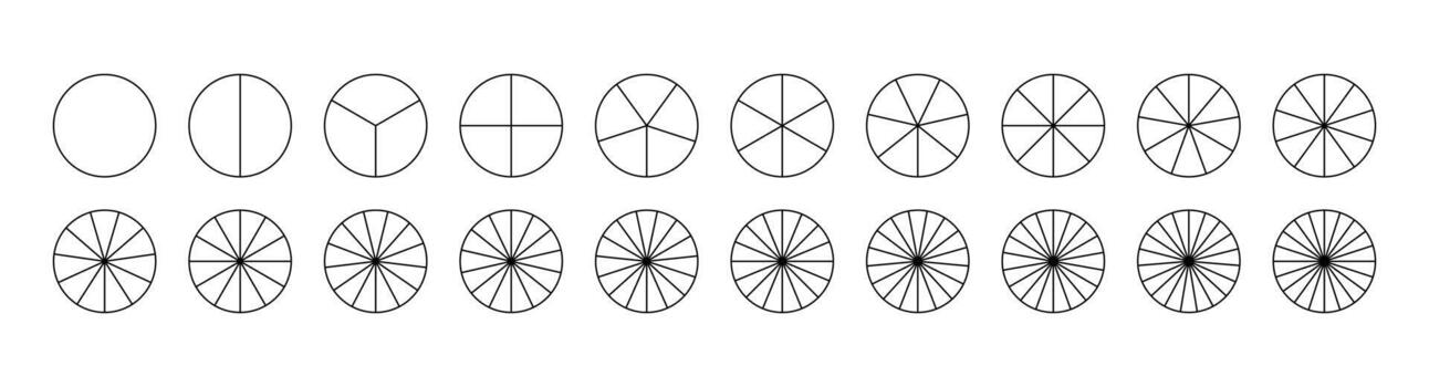 Parts of diagram wheel from 1 to 20. Outline black graphics. Template of pie chart. Coaching blank. Segmented charts. Sectors divide the circle on equal parts. Pie charts, pizza charts set. vector