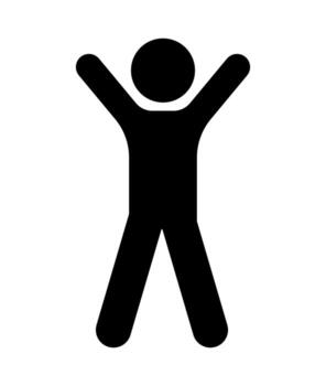 Symbol of a person standing with arms raised up. A black silhouette of a person with arms raised up is displayed on a white background. vector