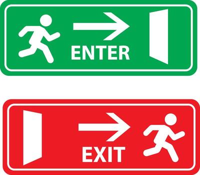 Set of red exit and green enter emergency safety signs with running man icon vector