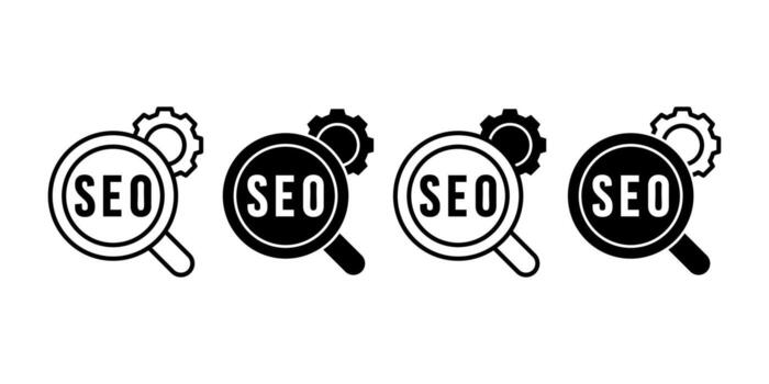 SEO Optimization Magnifying Glass with Gear Black Icon Bundle for Digital Marketing and Analysis vector