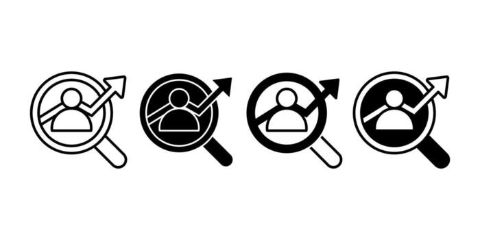 Customer Insights Magnifying Glass with Person and Graph Black Icon Bundle for Marketing Analytics vector
