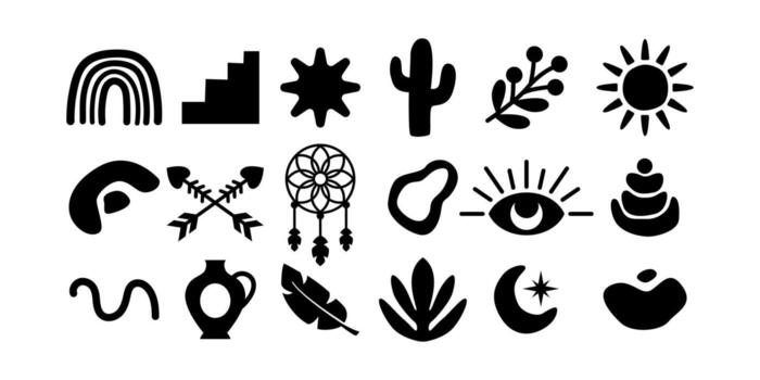 Boho Decorative Black Icon Bundle Minimal Line Abstract Symbol Set vector