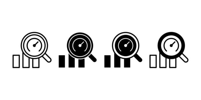 KPI Dashboard Magnifying Glass Graph Black Icon Bundle for Data Performance and Business Analytics vector