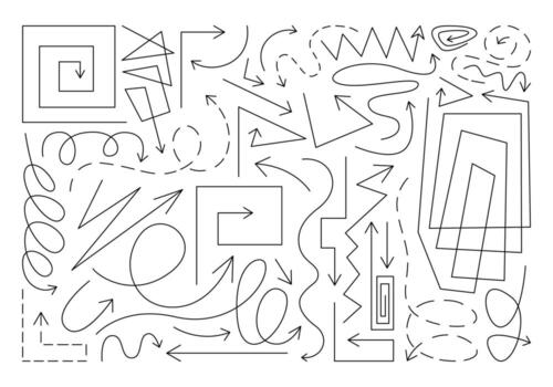 Monochrome set of various arrows, stickers and symbols. Hand drawn icons and graphic elements for editing and decorating, marking, notes, sketching. Bright flat sketches, geometric shapes, figures. vector