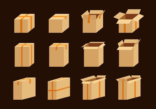 Flat set of illustrations of boxes with yellow stitching from different angles on a brown background. Minimalistic icons of craft boxes. A set of models of packing boxes in 3D graphics for design. vector