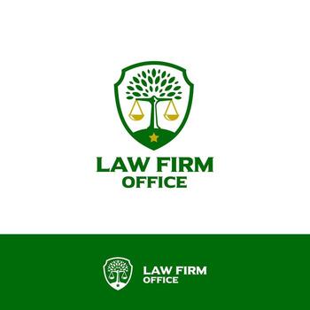 A simple green shield logo with a tree and gold scales as a symbol of law, justice and security. vector