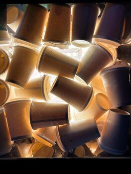 A collection of disposable coffee cups is stacked closely together and illuminated from behind, creating a dramatic lighting effect. The image highlights the texture and shape of. photo