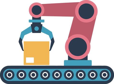 Automated industrial robot arm precisely transfers a package onto a moving production line for manufacturing. vector