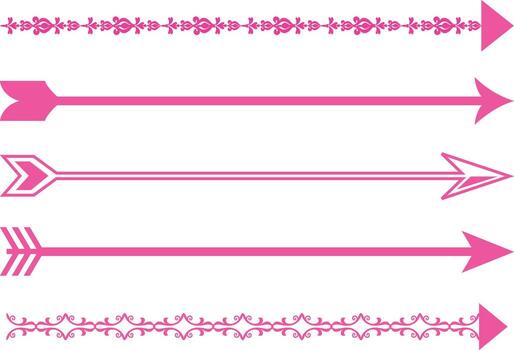 A collection of pink directional arrows, pointers, and simple icons in various shapes and styles, suitable for navigation and highlighting. vector