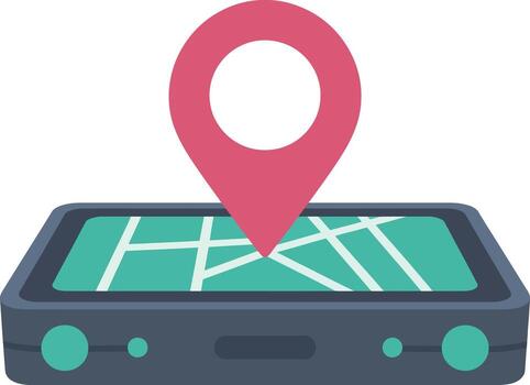 A graphic illustration depicting a smartphone screen showing a map with a prominent location pin, indicating navigation or a destination. vector