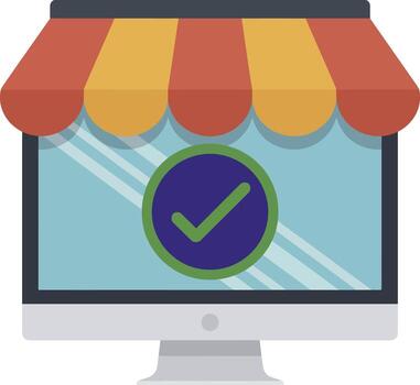 A clean and modern graphic representing an online store with a prominent approval checkmark, suitable for business and e-commerce applications. vector