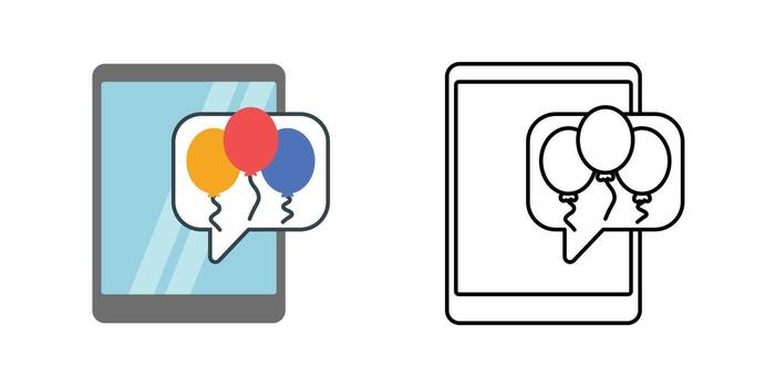 Tablet balloon message icon showing a tablet screen with chat bubble and rising balloons. Ideal for festive greetings, joyful communication, and holiday message concepts. vector