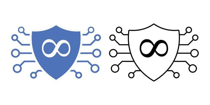 Future proof shield icon featuring a shield with infinity symbol and smooth digital edge. Perfect for long term data protection, reliable system security, and enduring technology design. vector