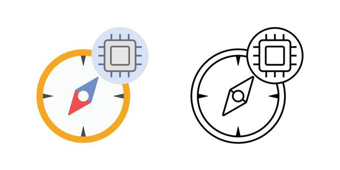 AI compass icon showing a compass needle integrated with a chip. Ideal for guiding artificial intelligence systems, ethical ai direction, and smart decision-making visuals. vector