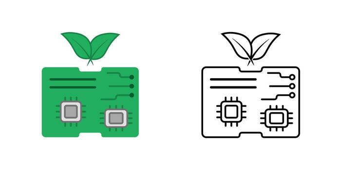 Ethical circuit icon showing a circuit board with a leaf sprouting from one line. Perfect for sustainable technology, responsible innovation, and green computing concepts. vector
