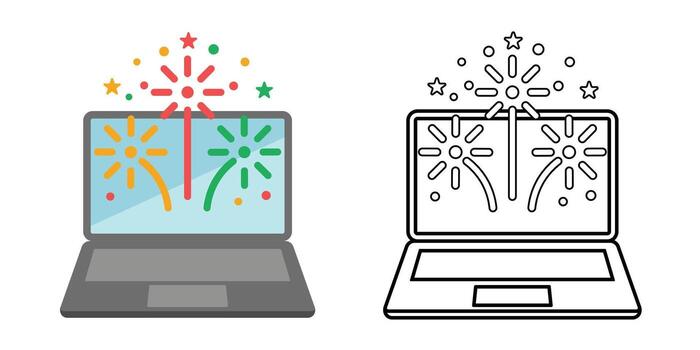Laptop fireworks display icon showing an open laptop with fireworks on screen. Perfect for festive digital themes, online celebration events, and joyful tech visuals. vector