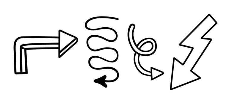 Arrows illustration set. Hand drawn black and white pointer. Wavy directional sign, outline arrow pointing down, left, right. Curved cursor, simple doodle. Symbol for navigation, business vector