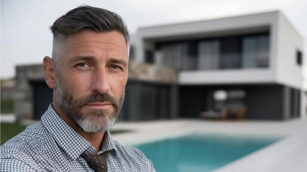 A man with a beard and tie standing in front of a house photo