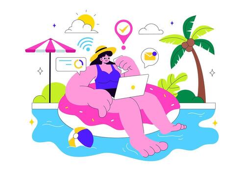 Woman working on laptop in pool vector