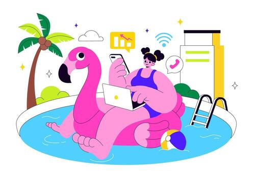 Woman on flamingo float with laptop vector