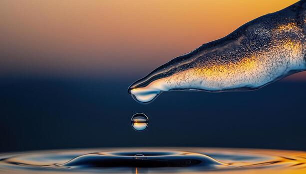 Water drop hanging from icy branch over calm surface, capturing reflection and balance of frozen beauty, tranquility, and natural minimalism photo