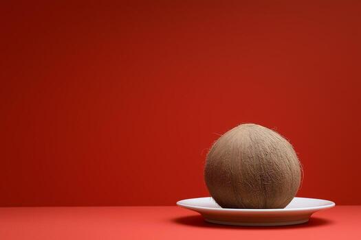 A round coconut resting on a white plate, placed against a solid red background photo
