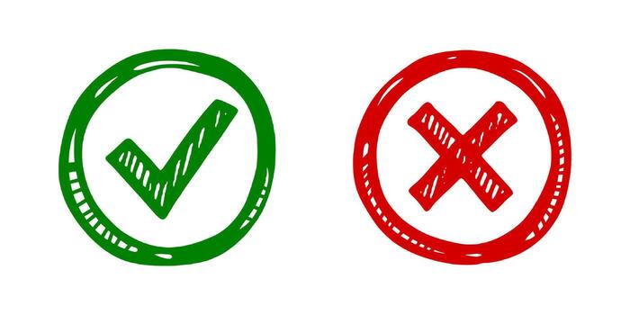 mano dibujado verde cheque marca y rojo cruzar íconos en circulo conjunto vector