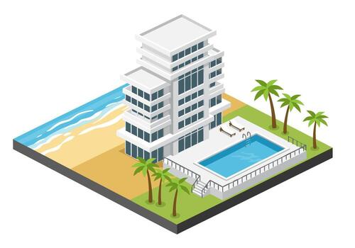 Isometric illustration of a modern beach resort with a swimming pool and palm trees vector