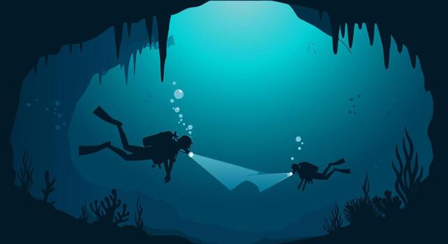 Scuba divers with flashlights navigating a deep and dark underwater cave system vector