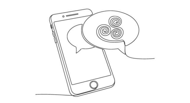 A smartphone with chat bubbles and a triskelion symbol, captured in a minimalist single continuous line drawing as elegant one line art vector