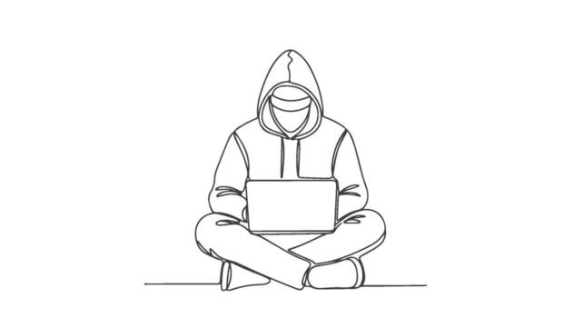 uno línea continuo dibujo de un hacker mecanografía en un computadora portátil, soltero continuo línea Arte vector
