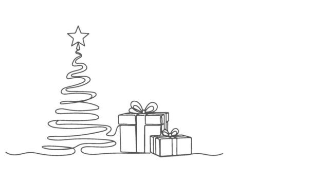 Simple One Line Drawing of a Christmas Tree with Presents, Continuous Single Line Art vector