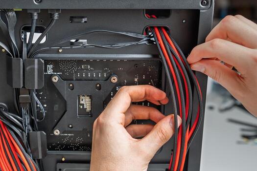 Close-up of hands installing red and black power cables inside a modern computer case. This careful work ensures proper connectivity for optimal performance, ideal for tech blogs or DIY guides. photo