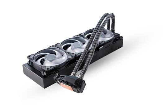 A sleek water cooling system designed for high-performance computers, ensuring optimal temperature control. Isolated on a white background, perfect for tech and gaming advertisements. photo