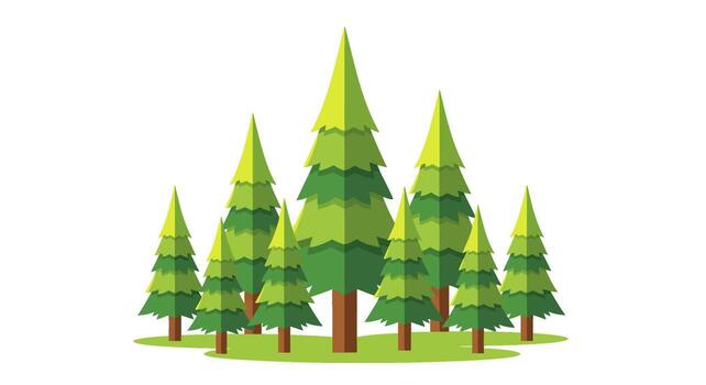 Vibrant flat design illustration of a charming coniferous forest, featuring a diverse group of stylized evergreen pine trees, ideal for digital art, nature concepts, and graphic elements vector