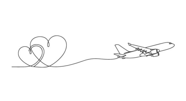 soltero línea dibujo de un avión en vuelo dejando un continuo en forma de corazon camino, representando amor para viaje y viaje vector