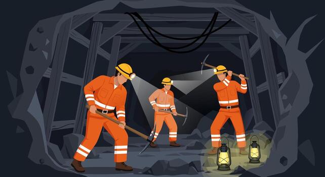 Underground Mining Laborers at Work with Tools and Lanterns in a Dark Tunnel vector