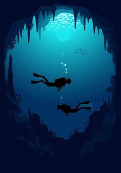 Scuba Divers Exploring Underwater Cave System Silhouette View of Deep Sea Exploration and Adventure vector