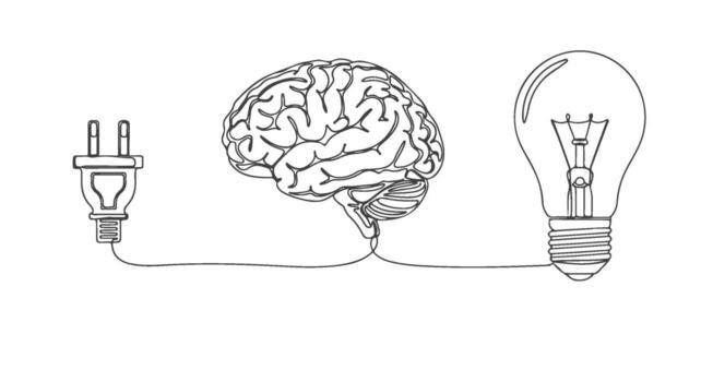 Conceptual single line drawing illustrating the connection between a brain and a light bulb via an electrical plug, representing ideas and innovation in a continuous flow vector