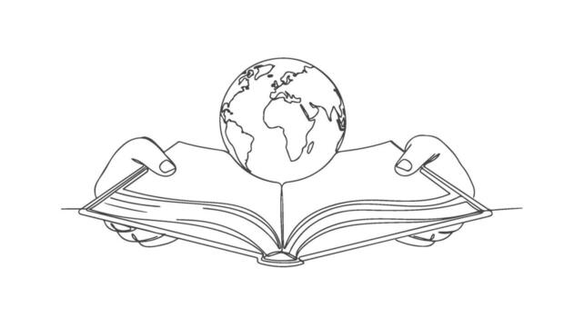 One Line Continuous Sketch Globe Emerging from Opened Book Illustration vector