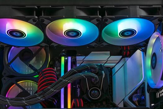 A striking, high-performance PC build with RGB lighting and advanced cooling. Perfect for gaming and content creation, showcasing modern technology and organized components. photo