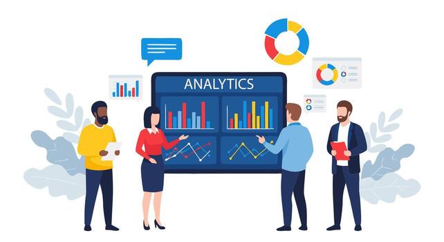 Business analytics team reviewing data visualizations and charts for strategic planning and analysis vector