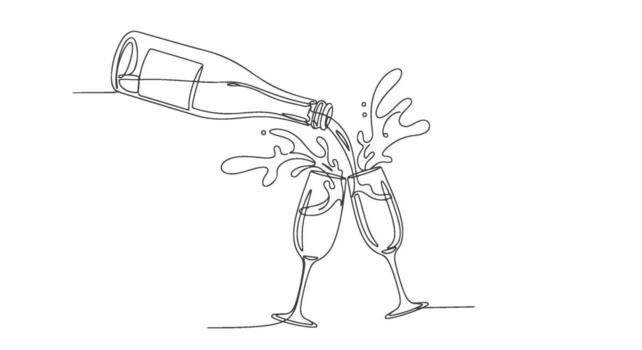 One continuous line drawing depicting a single bottle gracefully pouring sparkling drink into two elegant flutes, a minimalist celebration rendered with clean artistic lines vector