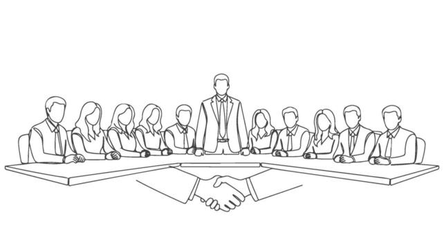 A single continuous line drawing illustrating a unified business team concluding a successful partnership with a firm handshake, symbolizing collaboration and agreement with one unbroken stroke vector